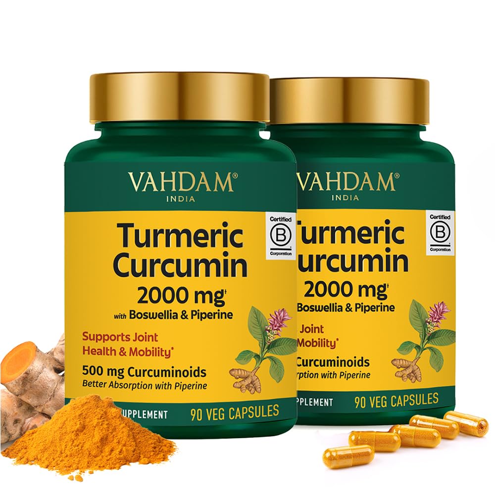 VAHDAM Turmeric Curcumin 2000mg (500mg Curcuminoids) with Boswellia & Piperine for Fast Absorption, 90 Capsules