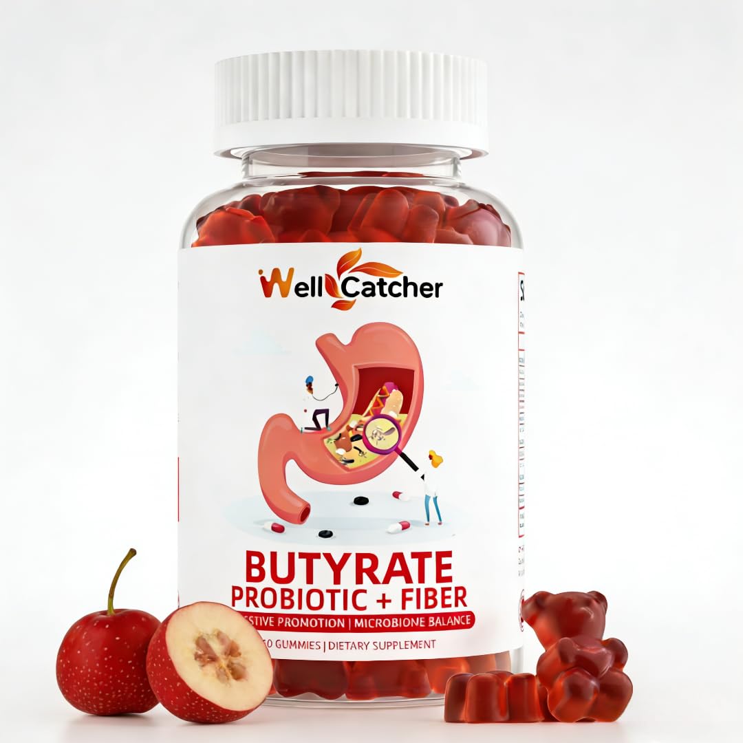 Wellcatcher Butyrate Gummies Gut Health Supplement with Probiotic & Prebiotic Fiber, Sugar Free, Hawthorn Flavor, 60 Gummies