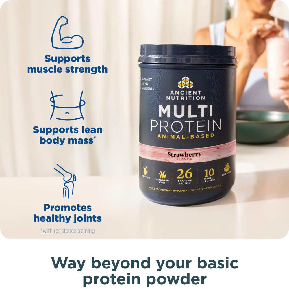 Ancient Nutrition Grass Fed Multi Protein, Bone Broth, Whey Protein Powder, Strawberry Flavor, 18 Servings