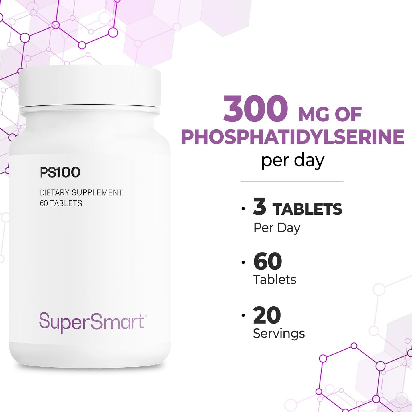 Supersmart PS100 Phosphatidylserine 300mg Tablets, Brain Health & Memory Support, 60 Count