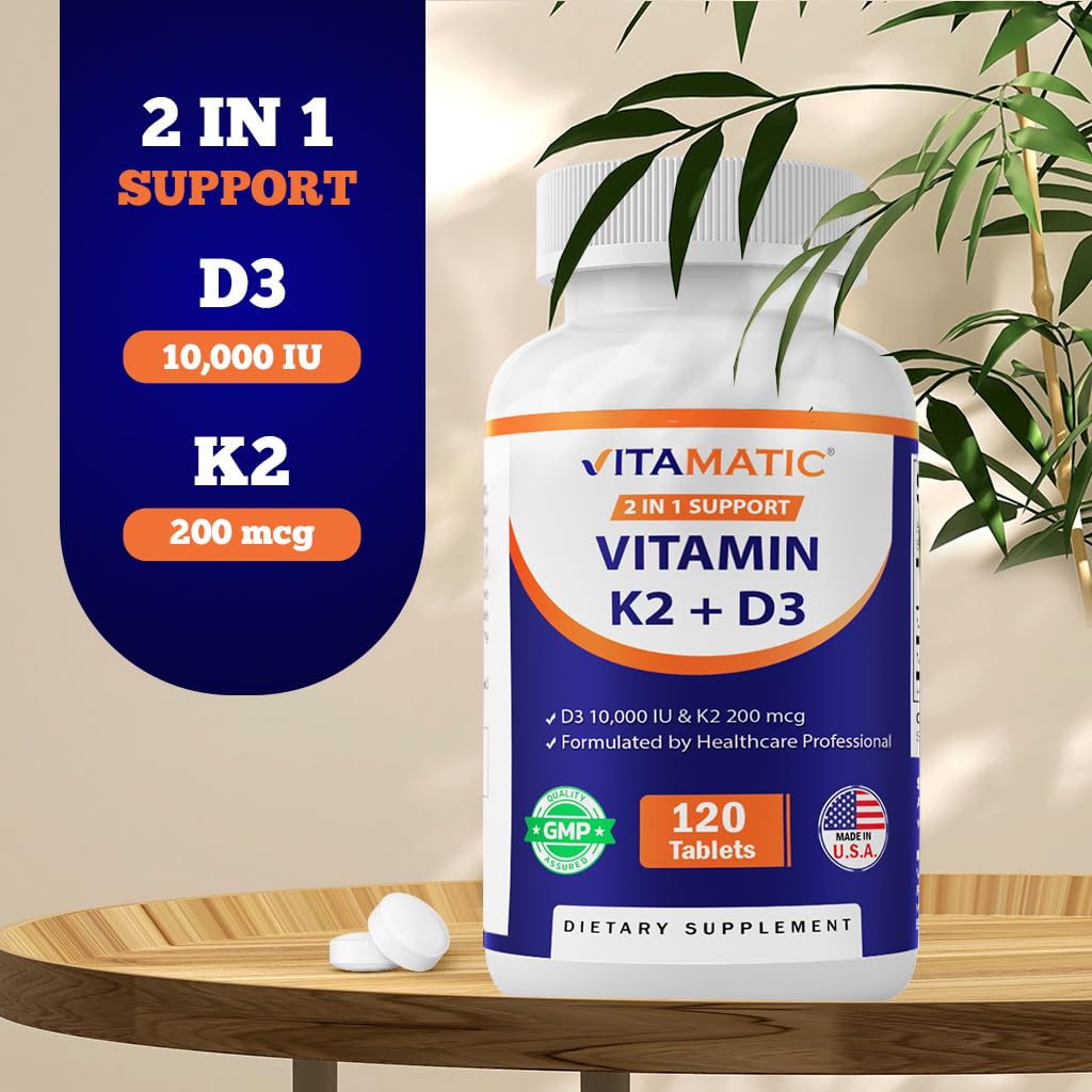 Vitamatic Vitamin D3 K2 Tablets with 10,000 IU Vitamin D + 200mcg Vitamin K MK-7, 240 Count