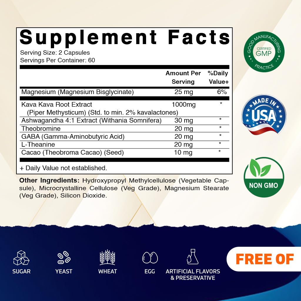 Vitamatic Kava Kava 1000mg with Magnesium, Ashwagandha, GABA, Theobromine, L-Theanine & Cacao Capsules – 120 Count