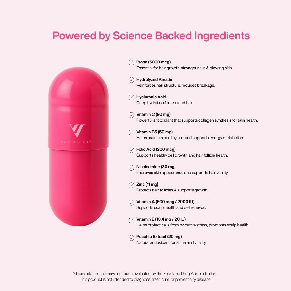V&V Beauty Hair Growth Vitamin for Women - Biotin, Keratin & Hyaluronic Acid, 60 Capsules