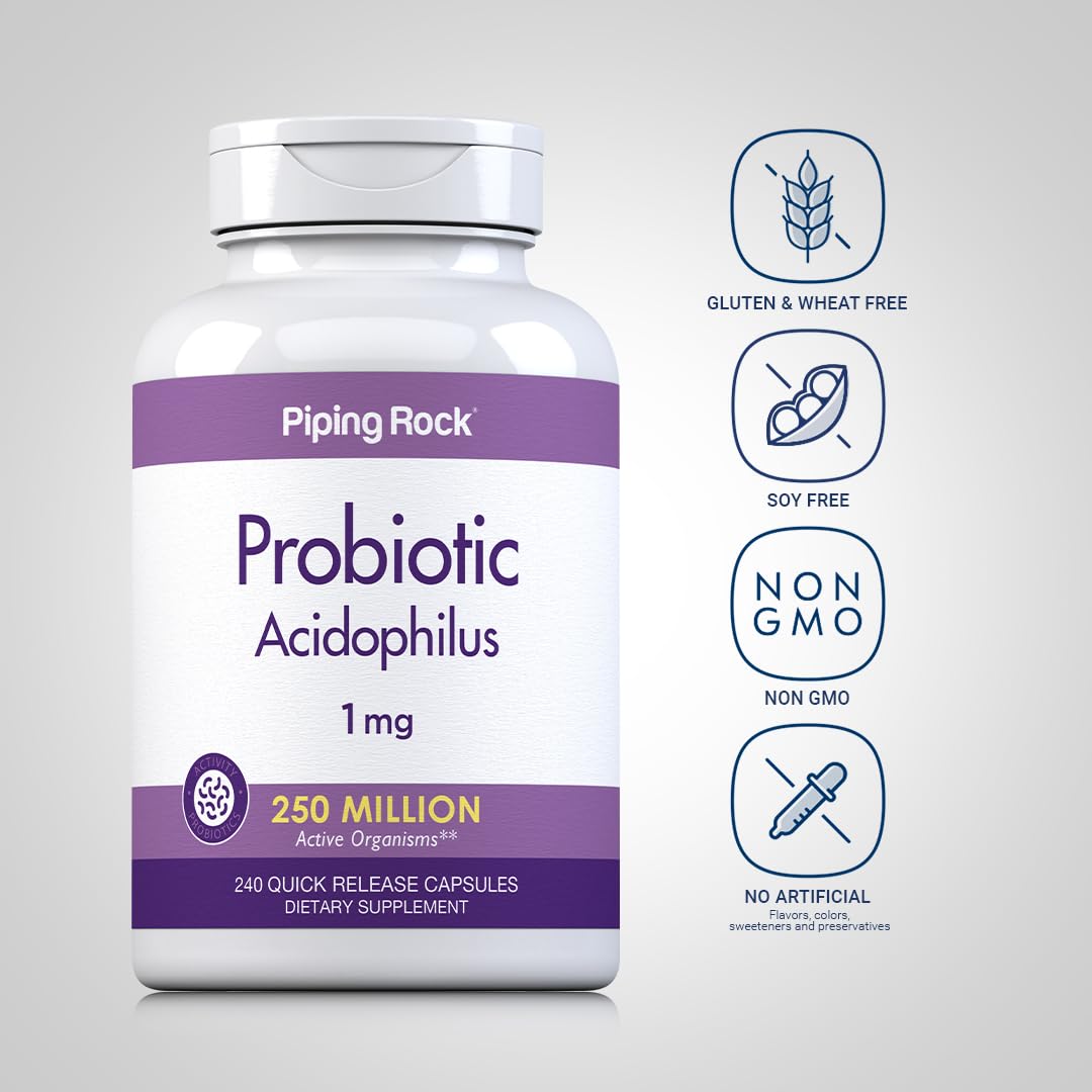 Piping Rock Probiotic Acidophilus Capsules 250 Million CFU, 240 Capsules, Non-GMO, Gluten Free