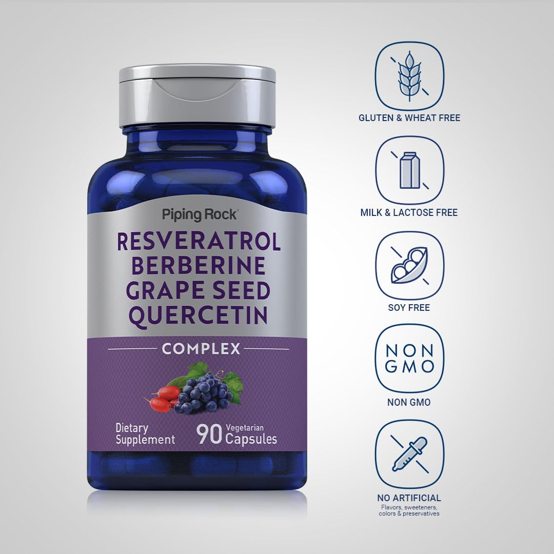 Piping Rock Resveratrol Berberine Grape Seed & Quercetin Complex Capsules 90 Count