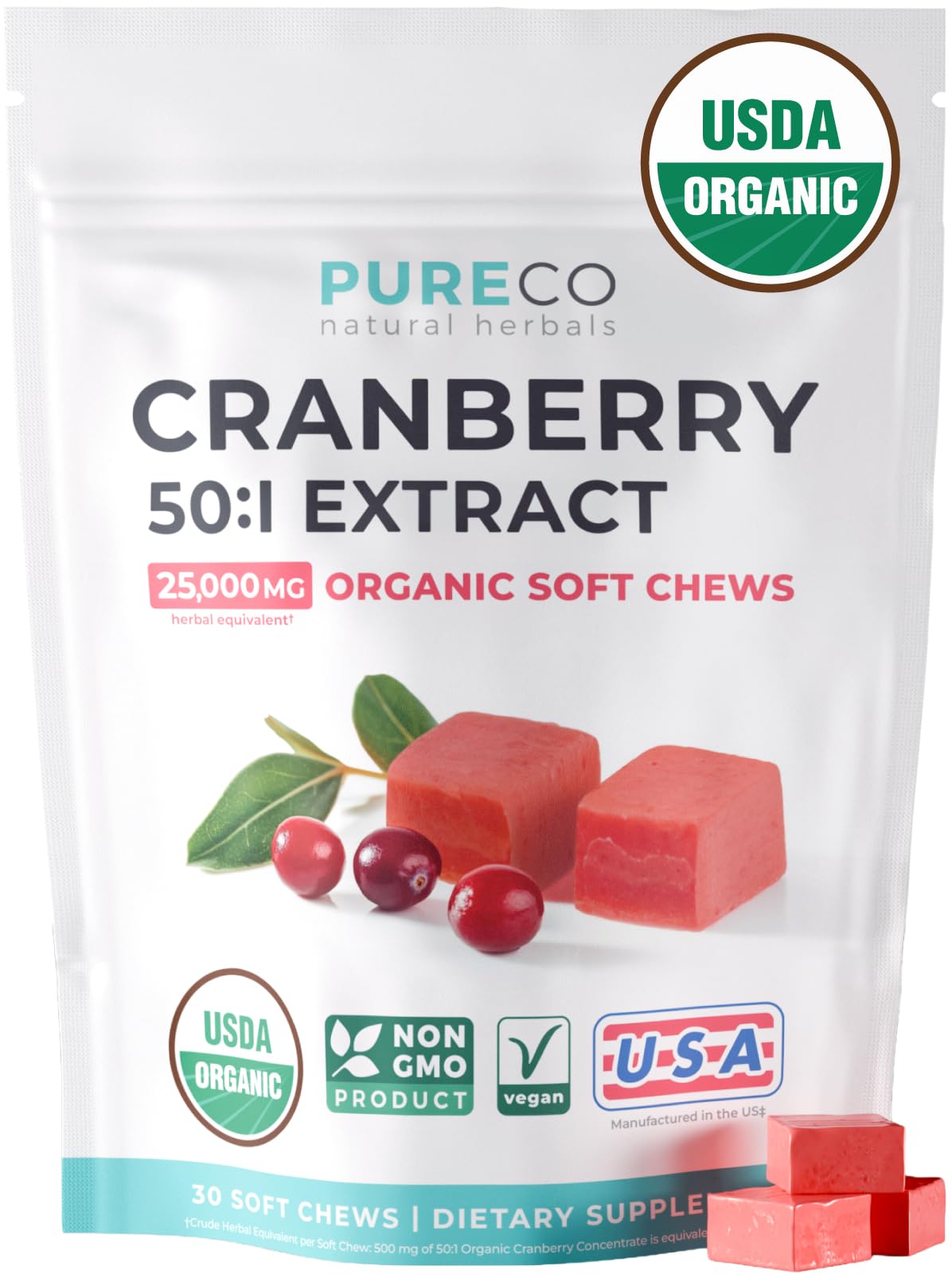 PURE CO Certified Organic Cranberry Soft Chews 30 Count