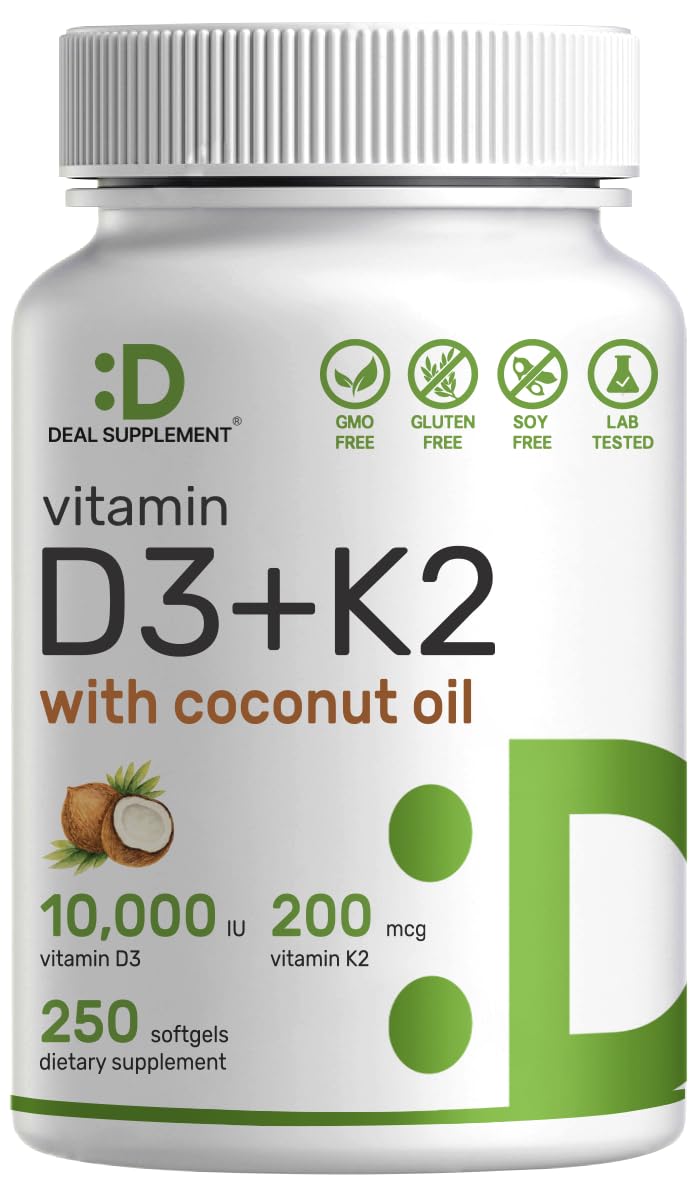 DEAL SUPPLEMENT Vitamin D3 10,000 IU + K2 MK7 200mcg Softgels, 250 Count