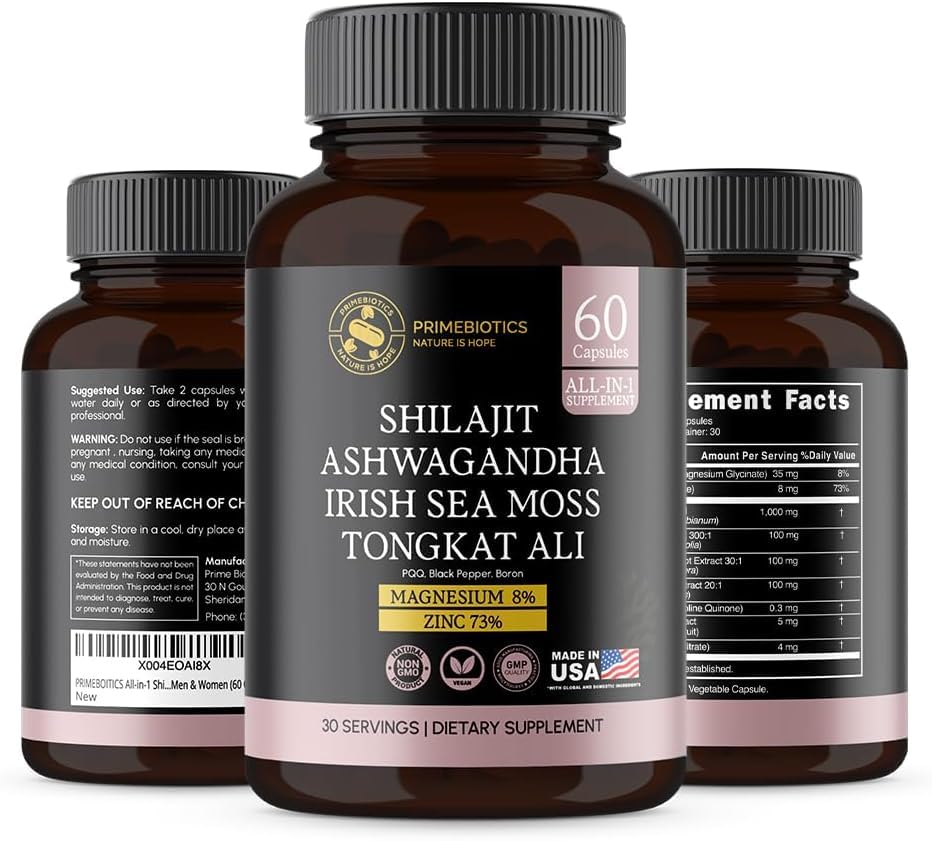 PrimeBiotics All-in-1 Shilajit Supplement with Ashwagandha, Irish Sea Moss, Tongkat Ali, Black Pepper Extract, Boron, Magnesium and Zinc for Men & Women, 60 Capsules