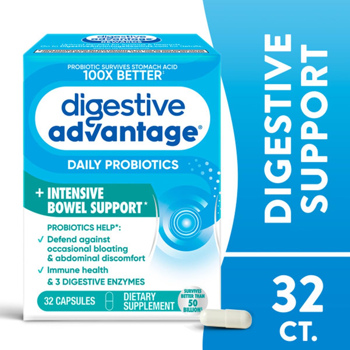 Digestive Advantage Intensive Bowel Support Probiotic Defends Against Gas & Bloating, 32 Capsules