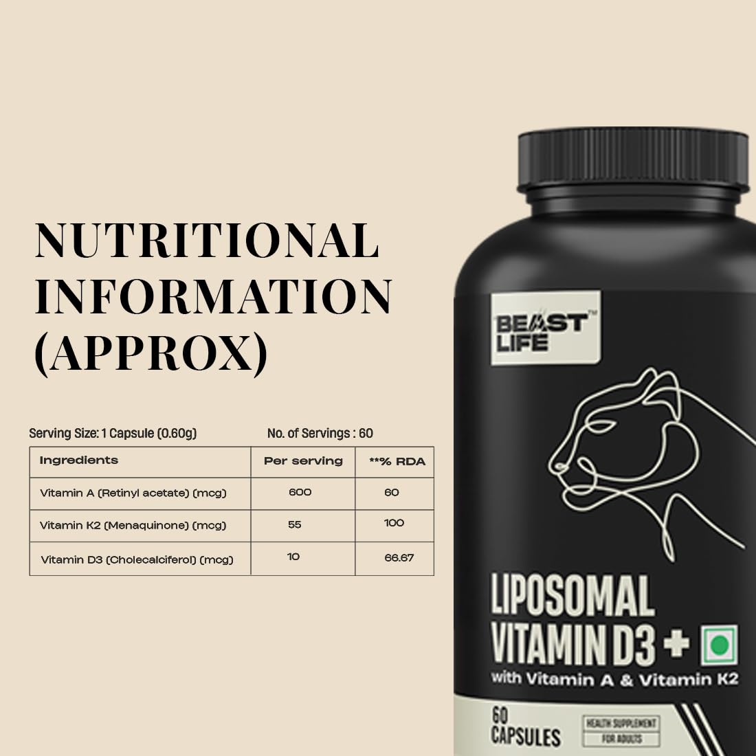 BEASTLIFE Liposomal Vitamin D3 Plus with Vitamin A & Vitamin K2 for Immune Support, Bone Health & Absorption Skin Support Calcium Utilization & Arterial Health 60 Capsules