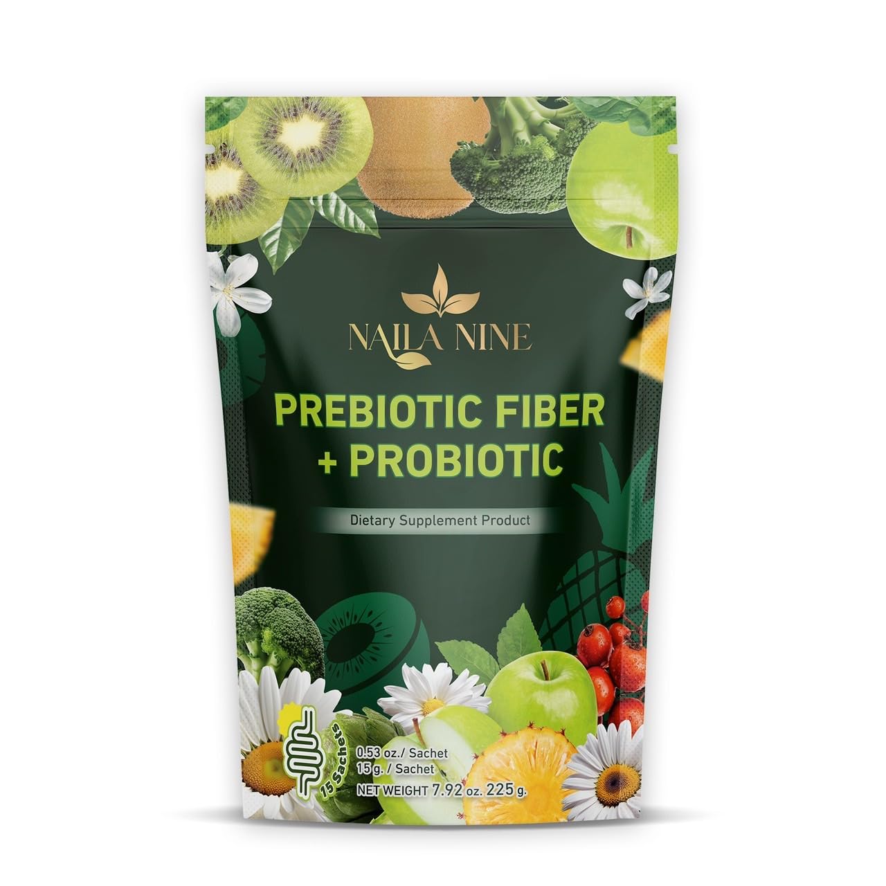 NAILA NINE Prebiotic Fiber Supplement Powder Apple and Kiwi Flavour, 15 Sachets