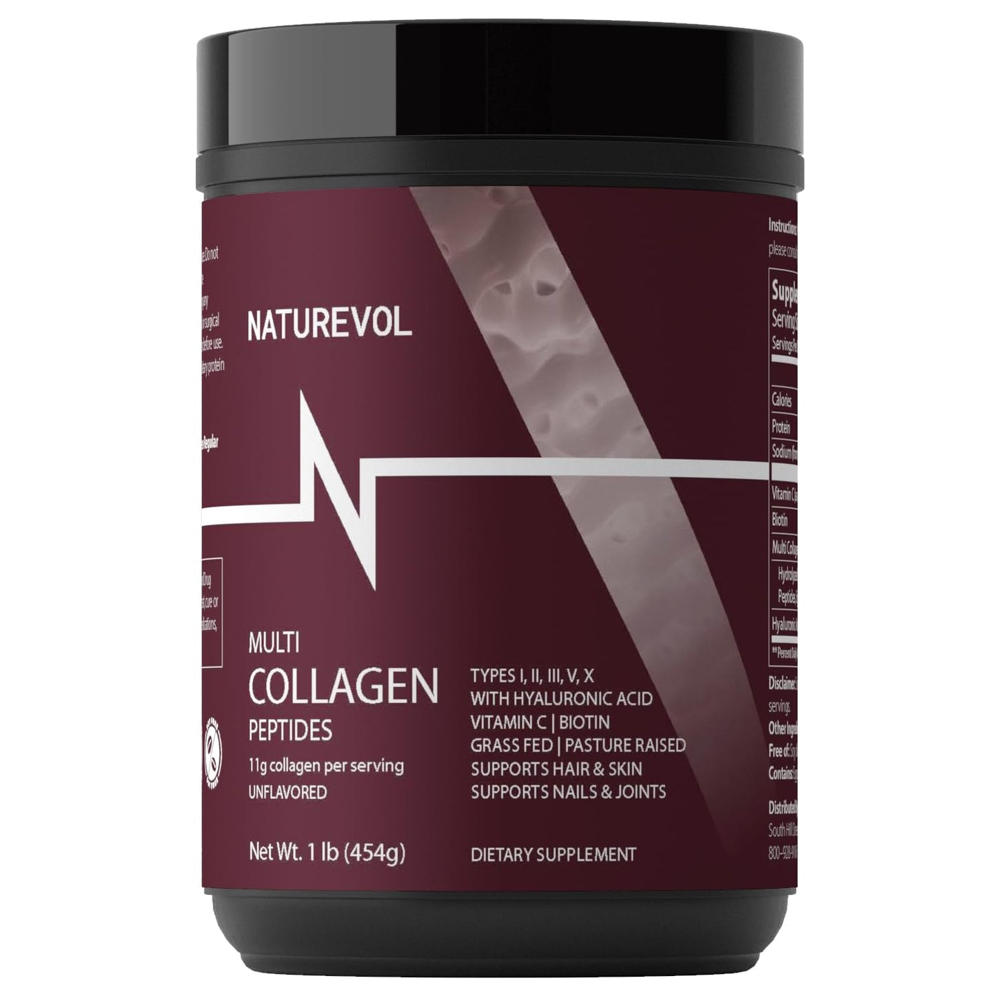 NATUREVOL Multi Collagen Peptides Powder – Hydrolyzed Types I, II, III, V, X with Biotin, Vitamin C & Hyaluronic Acid, Unflavored, Hair, Skin & Joints Support, 16 oz