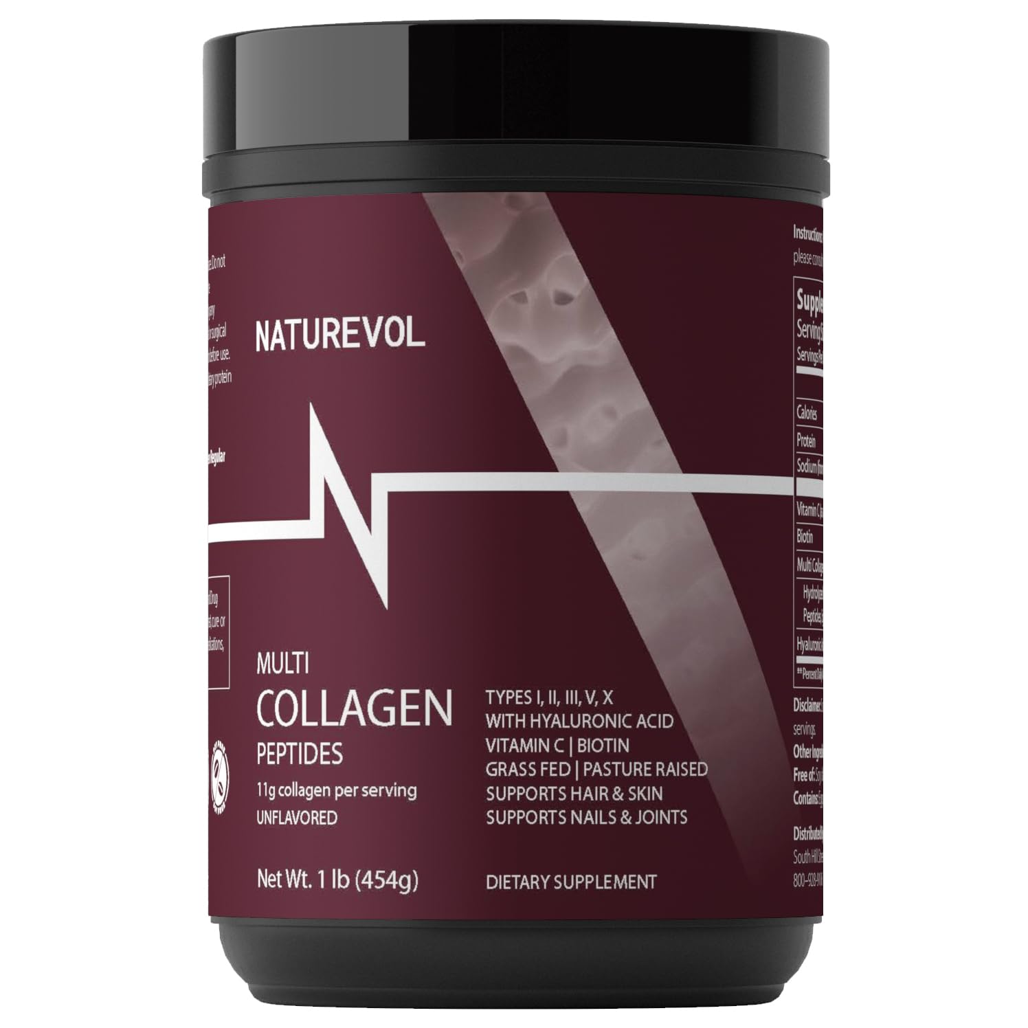 NATUREVOL Multi Collagen Peptides Powder – Hydrolyzed Types I, II, III, V, X with Biotin, Vitamin C & Hyaluronic Acid, Unflavored, Hair, Skin & Joints Support, 16 oz