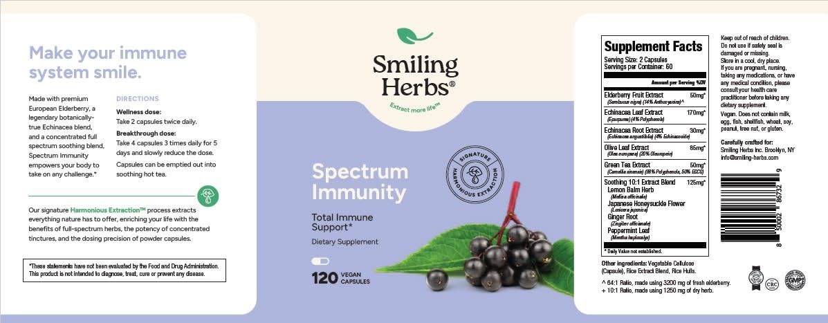 Smiling Herbs Spectrum Immunity - Total Immune Support with Elderberry and Echinacea Capsules, 120 Count