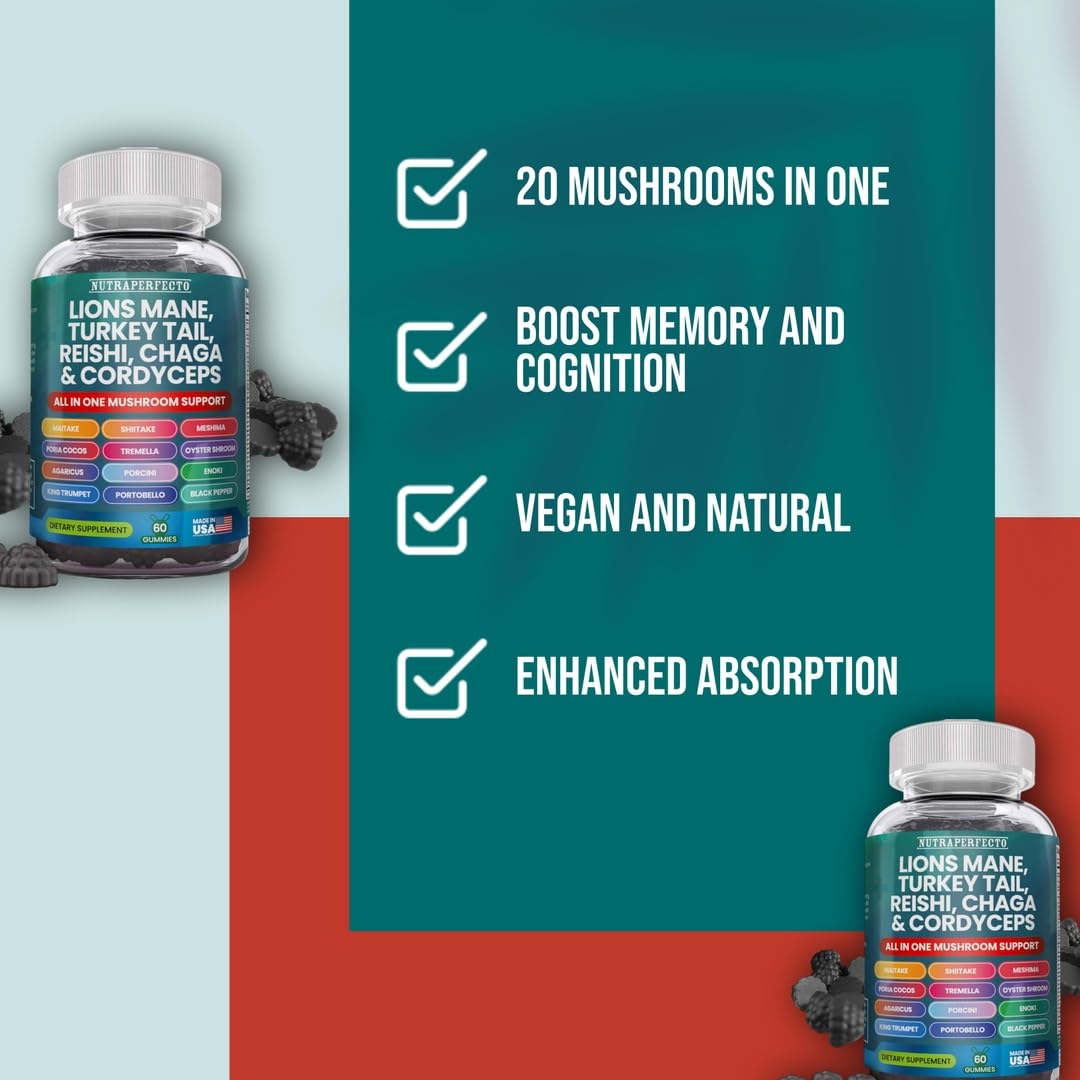 NutraPerfecto Organic Mushroom Gummies 20 in 1 Complex with Lion's Mane, Reishi, Chaga, Cordyceps, Enoki, Oyster, Turkey Tail, Vegan, 60 Gummies