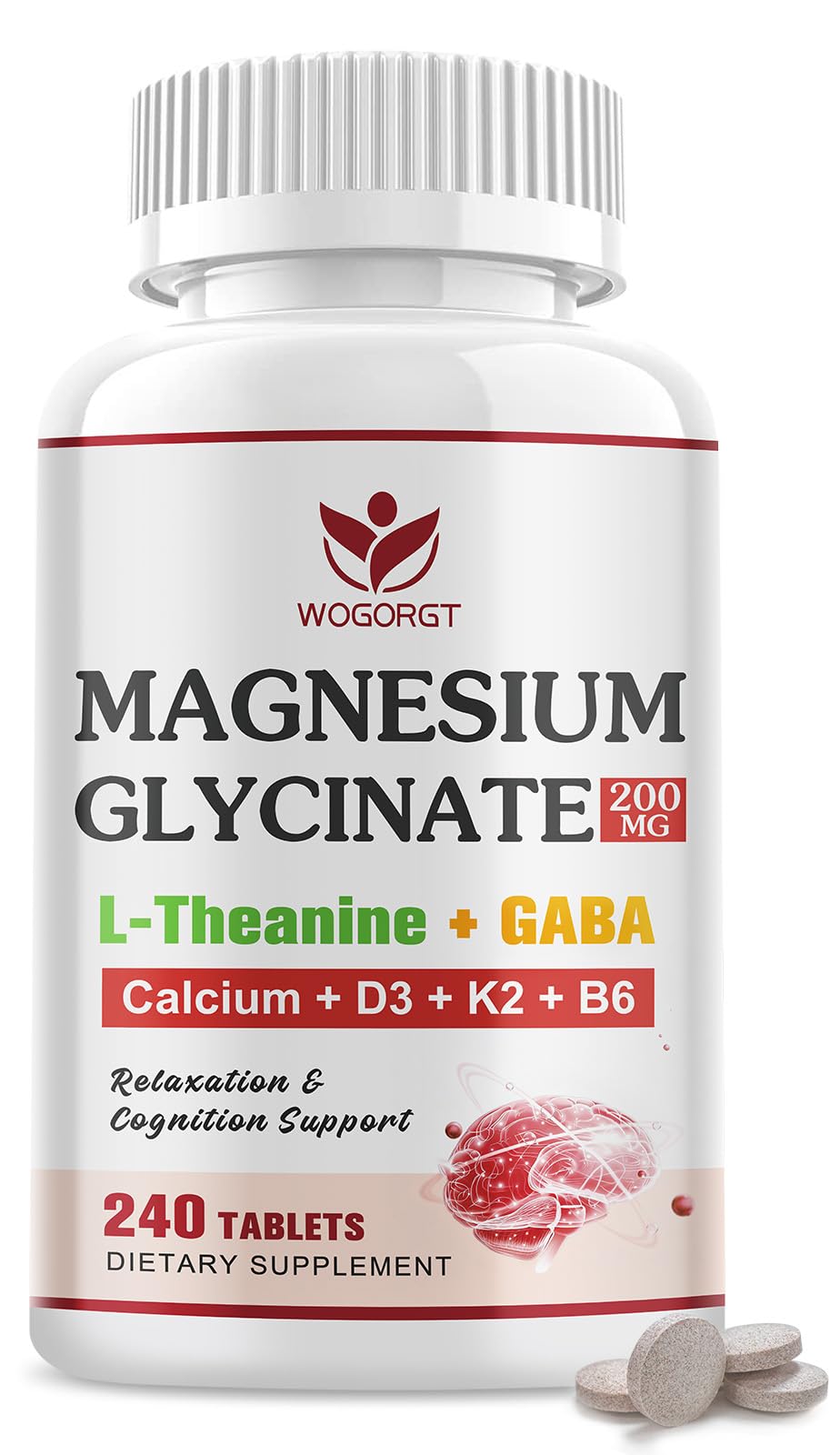 WOGORGT Magnesium Glycinate 200mg Supplement Tablet, 240 Tablets