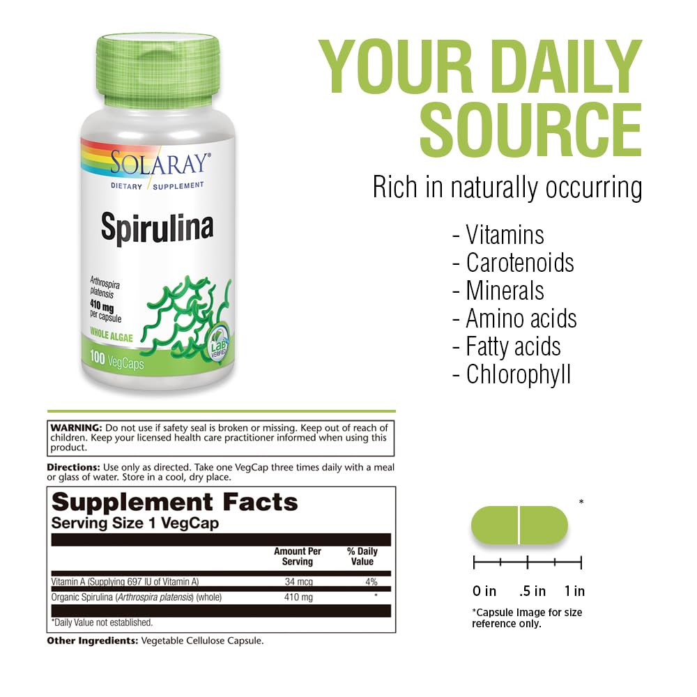 SOLARAY Spirulina 410mg Veg Cap, 100 Count