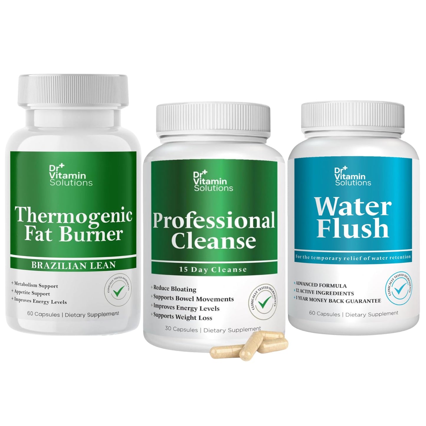 DR VITAMIN SOLUTIONS 15 Day Cleanse Thermogenic Fat Burner Water Weight Loss Bundle, 180 Capsules