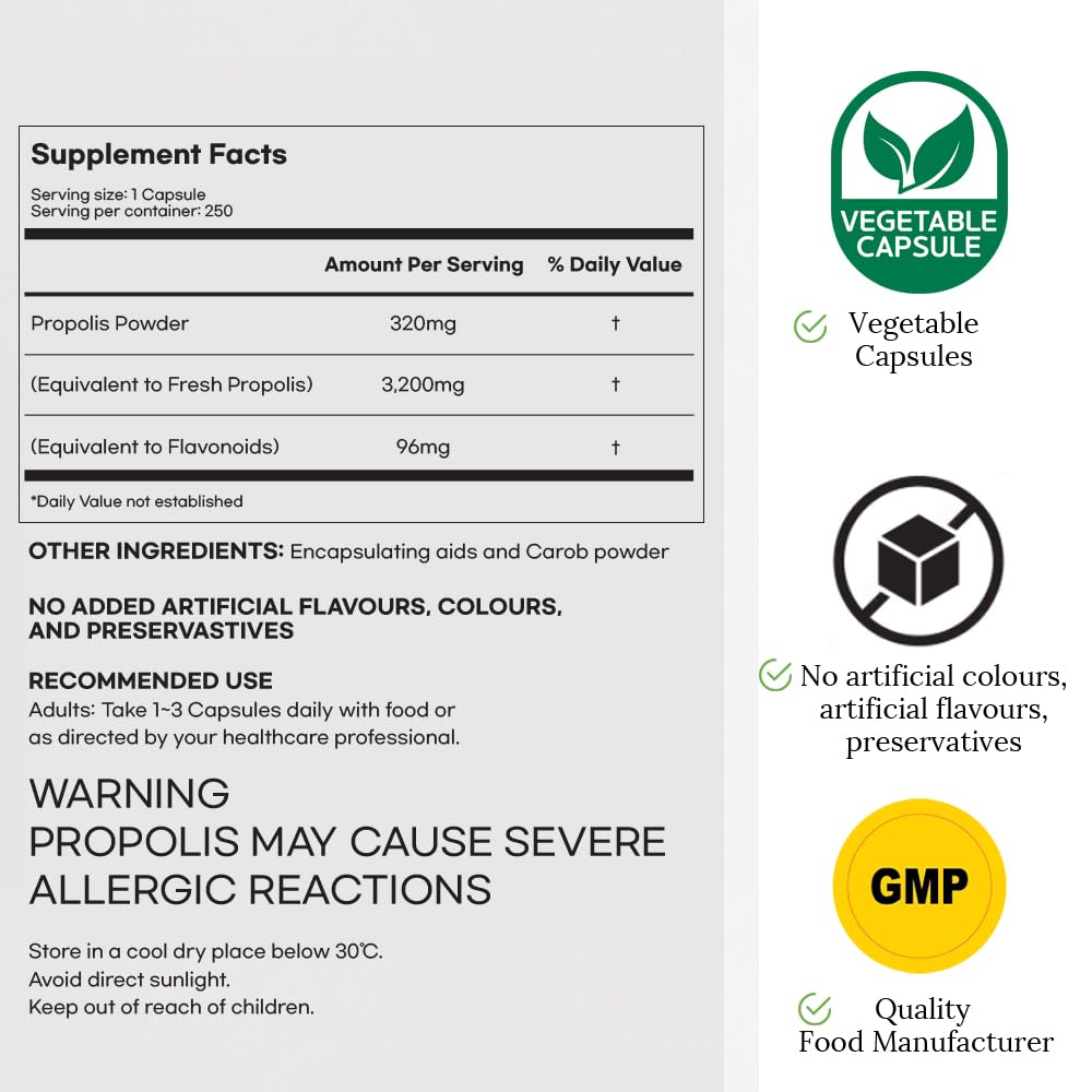 Hi Well Pure & Natural New Zealand Premium Propolis 3200 Flavonoid 96mg 250 VegeCapsules
