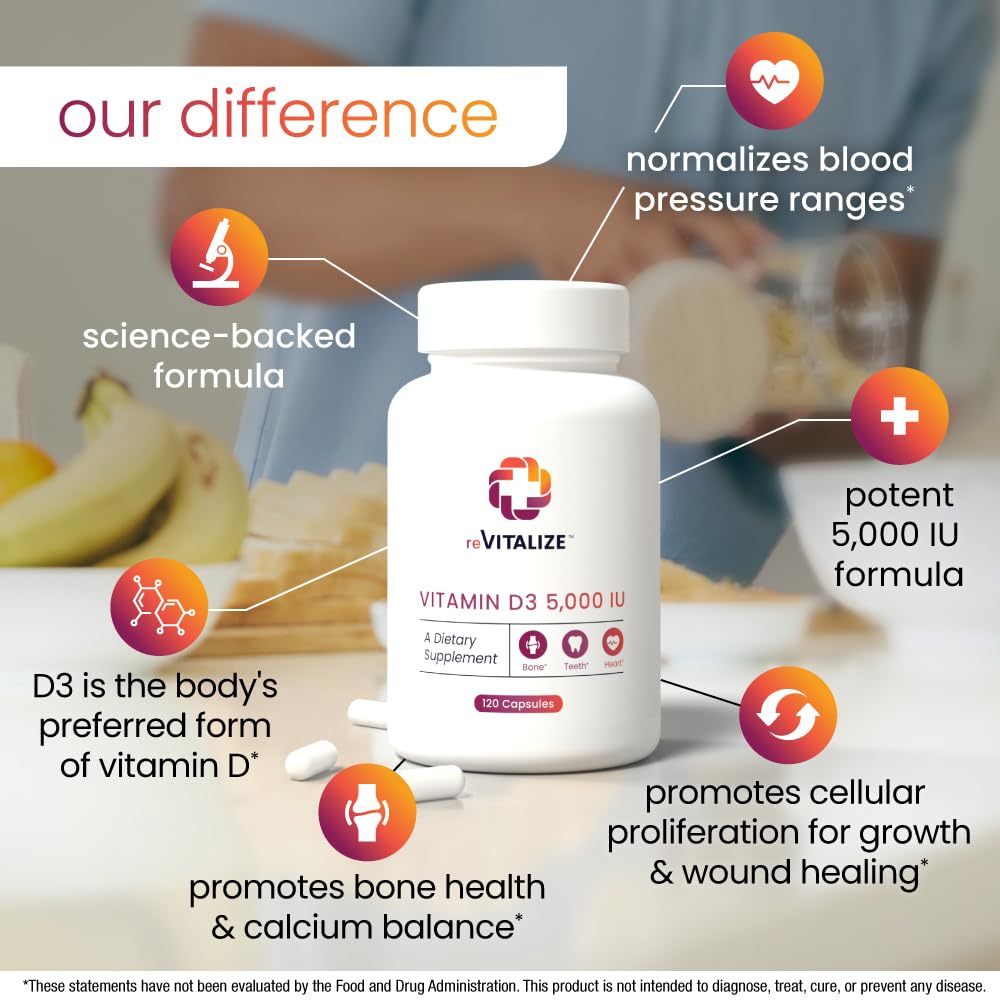 REVITALIZE Vitamin D3 5000 IU Supplement for Immune Support & Bone Health Capsule, 120 Count