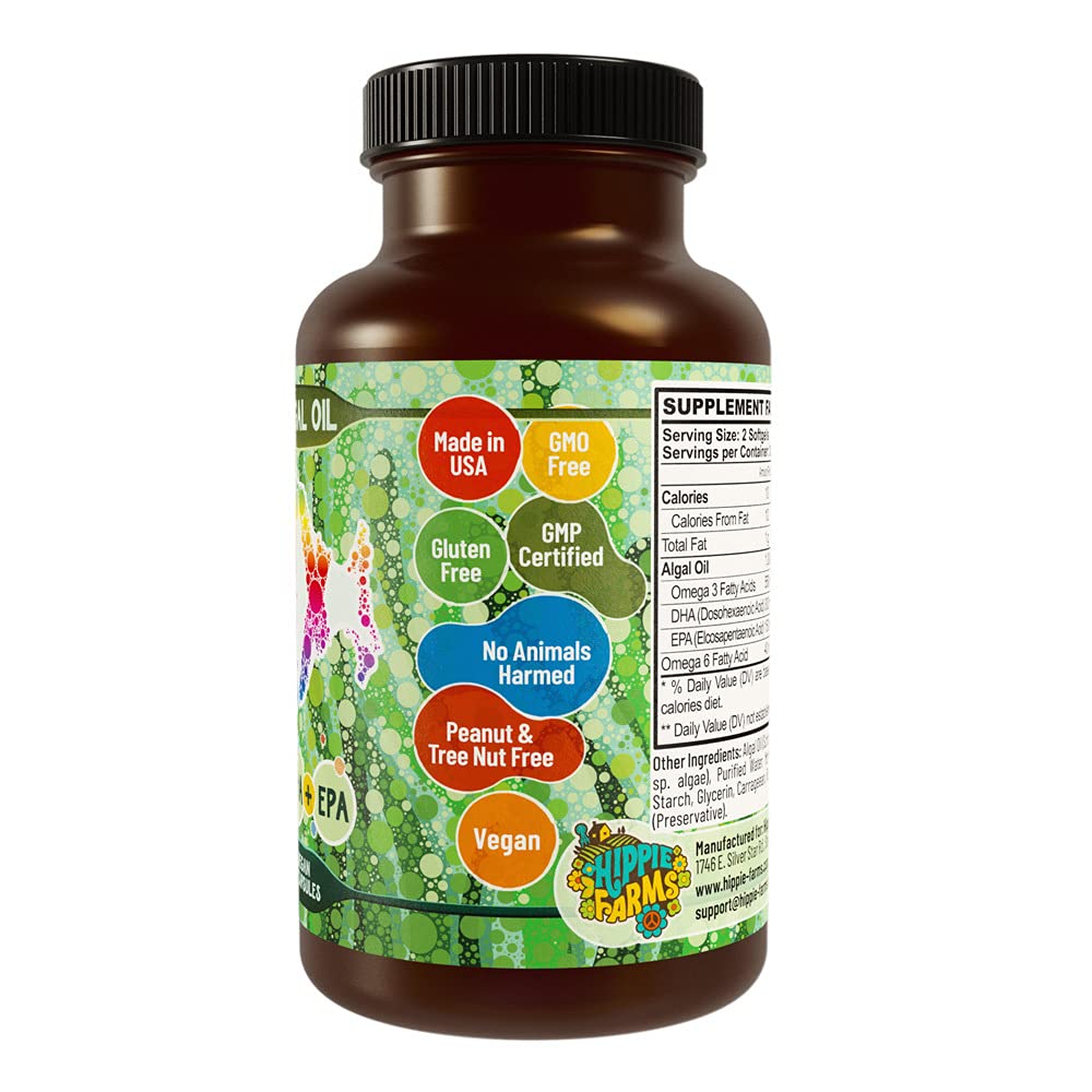 Hippie Farms Vegan Omega-3 Algae Oil with DHA EPA Capsules, 60 Count