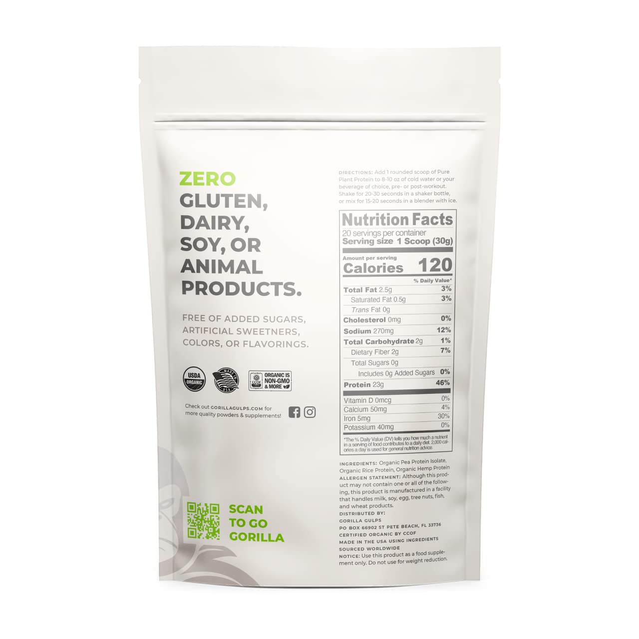 Gorilla Gulps USDA Certified Organic Plant Protein Powder, 21.1644