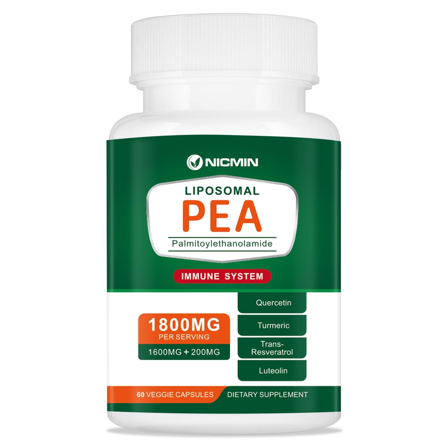 NICMIN Palmitoylethanolamide 1600mg (99%) with Luteolin & Quercetin, High Absorption, Pea Supplement, 60 Capsules