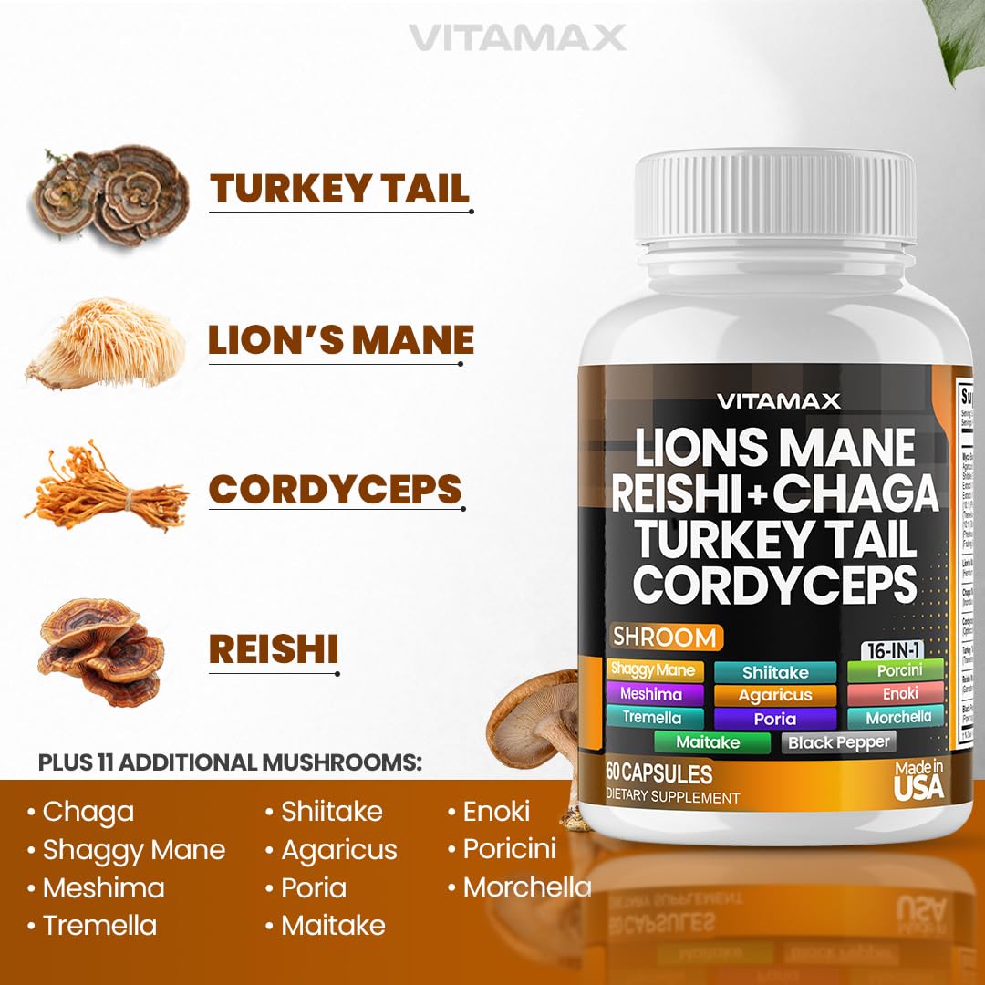 Vitamax Lions Mane Mushroom, Turkey Tail, Chaga & Reishi, Cordyceps Shiitake White Elm King Trumpet Nameko Oyster Porcini Focus & Energy Gummies, 60 Count