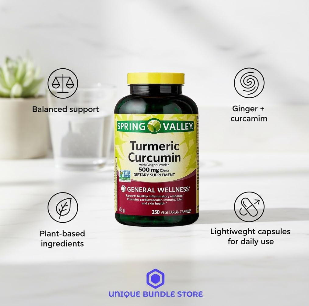 Generic Turmeric Curcumin Supplement with Organic Ginger Powder 500 mg Capsules, 250 Count