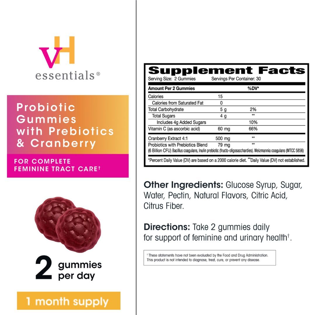vH Essentials Probiotic Gummies with Prebiotics & Cranberry, Urinary Tract Health Support, 60 Gummies