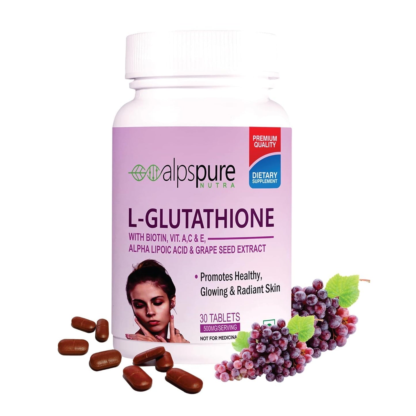 Generic L-Glutathione Tablets with Biotin, Vitamin A, C, E, Alpha Lipoic Acid & Grape Seed Extract, 30 Tablets