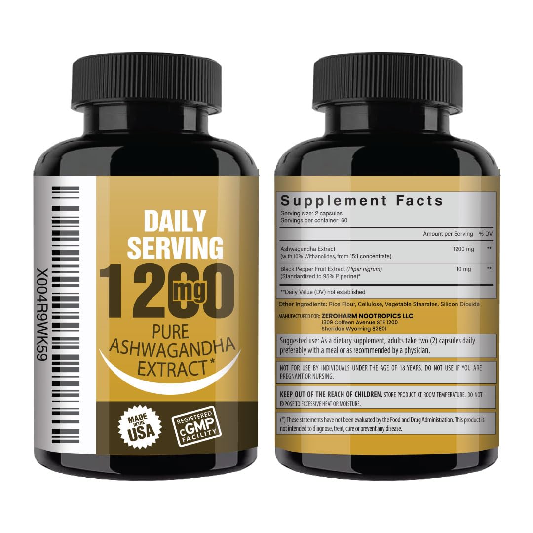 NooMost Ashwagandha 1200mg Supplement with Black Pepper Extract, 10% Withanolides, Capsules, 120 Count