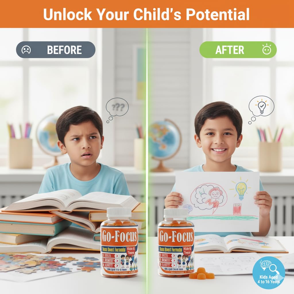 BrightKids Brain Supplements for Memory and Focus for Kids & Teens, Omega-3 & DHA Gummies, 60 Gummies