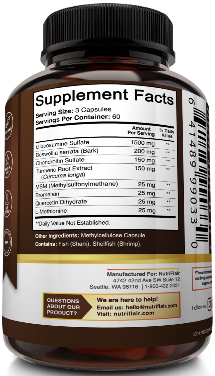 NutriFlair Glucosamine Chondroitin Turmeric MSM Boswellia Capsules, 90 Count