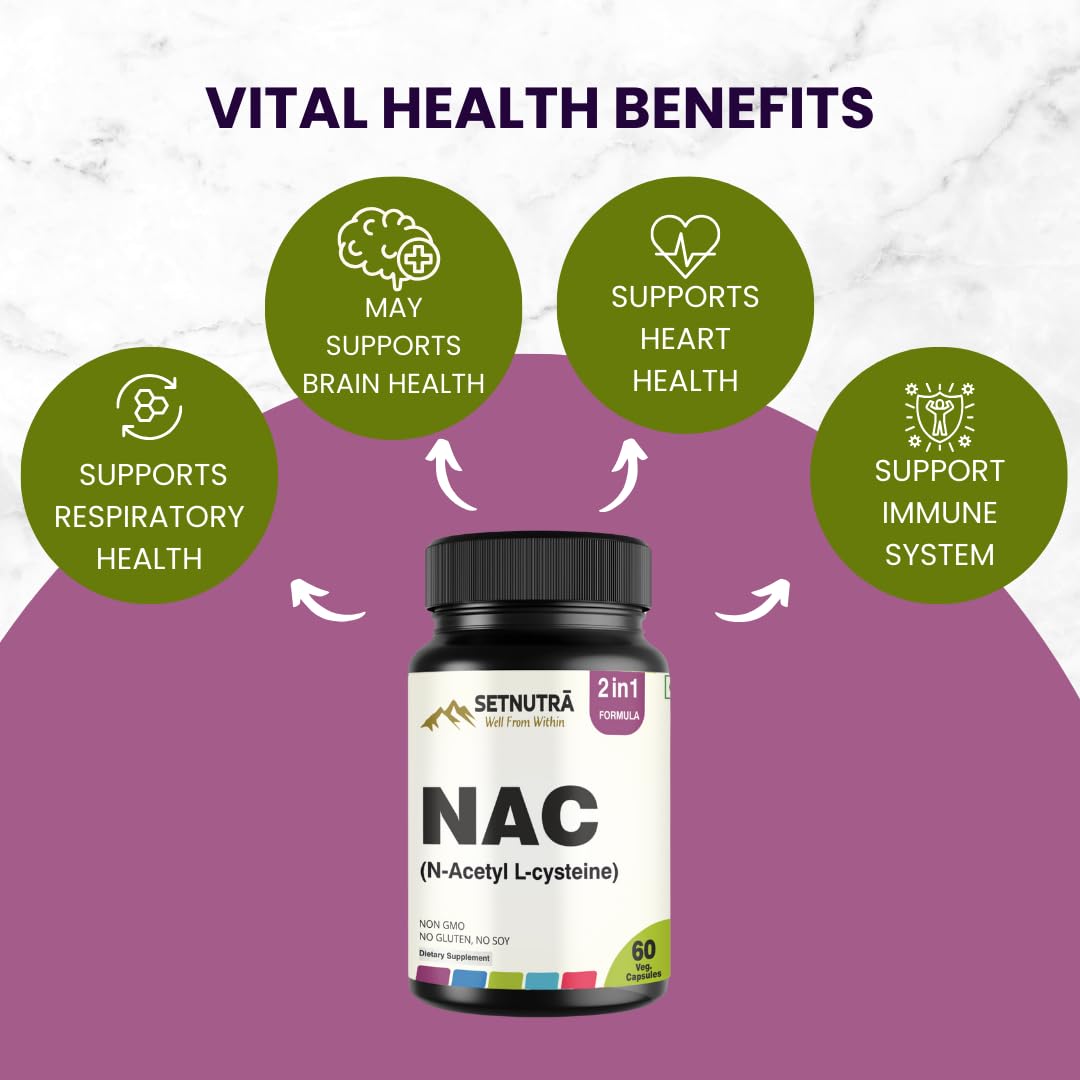 SETNUTRA Well From Within NAC (N Acetyl L Cysteine) 500 Mg with Black Pepper Immune & Lung Support, Antioxidant & Glutathione Production Support Capsules 60