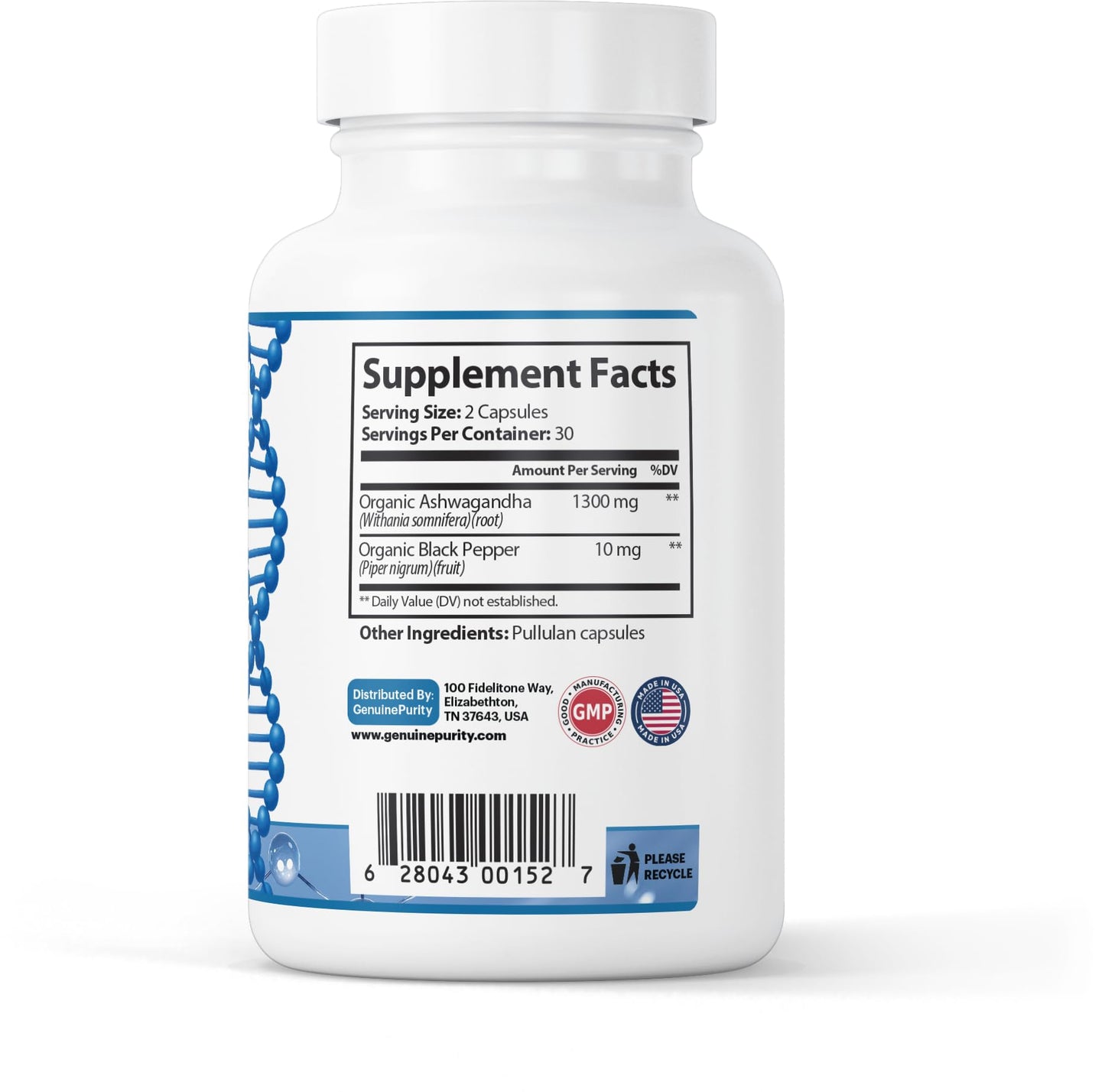 GenuinePurity Organic Ashwagandha Supplement Capsule 60 Count