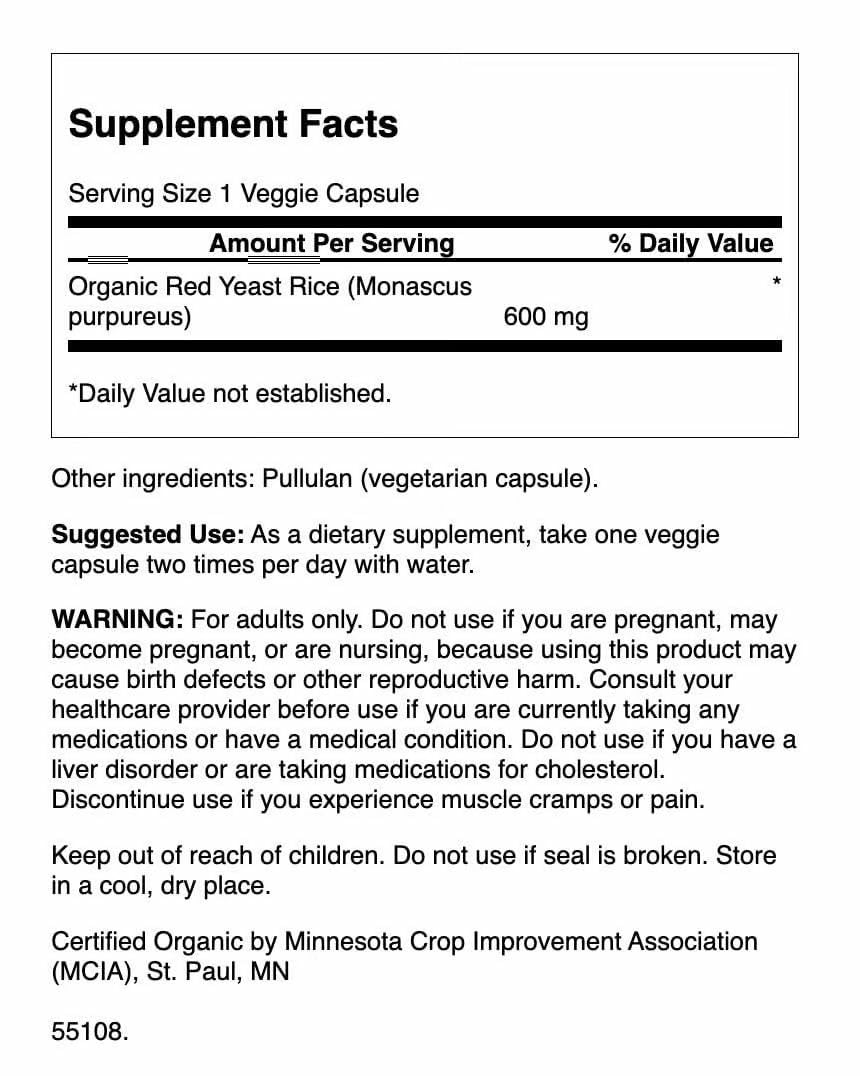 Swanson Made with Organic Traditional Red Yeast Rice 600 mg Capsules, 180 Count