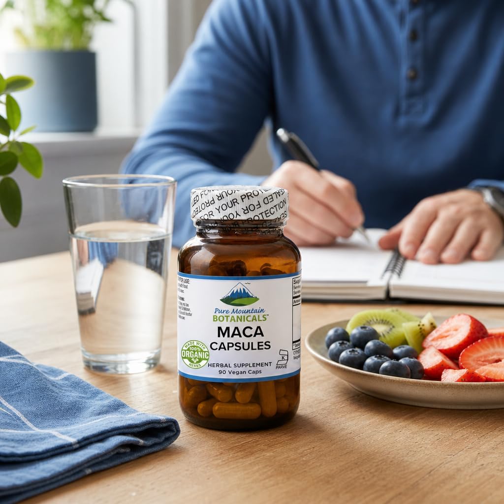 Pure Mountain Botanicals Maca Root Capsules - 1000mg Organic Peruvian Maca - Raw and Gelatinized Blend - 90 Capsules