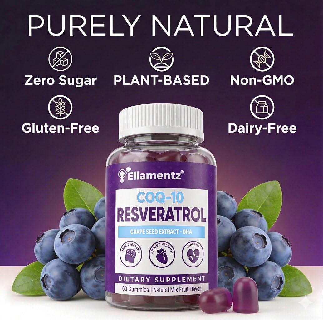 ELLAMENTZ 7-in-1 Trans-Resveratrol Gummies 500mg Complex with CoQ10, DHA, Vitamin C, E & Grape Seed - 120 Count