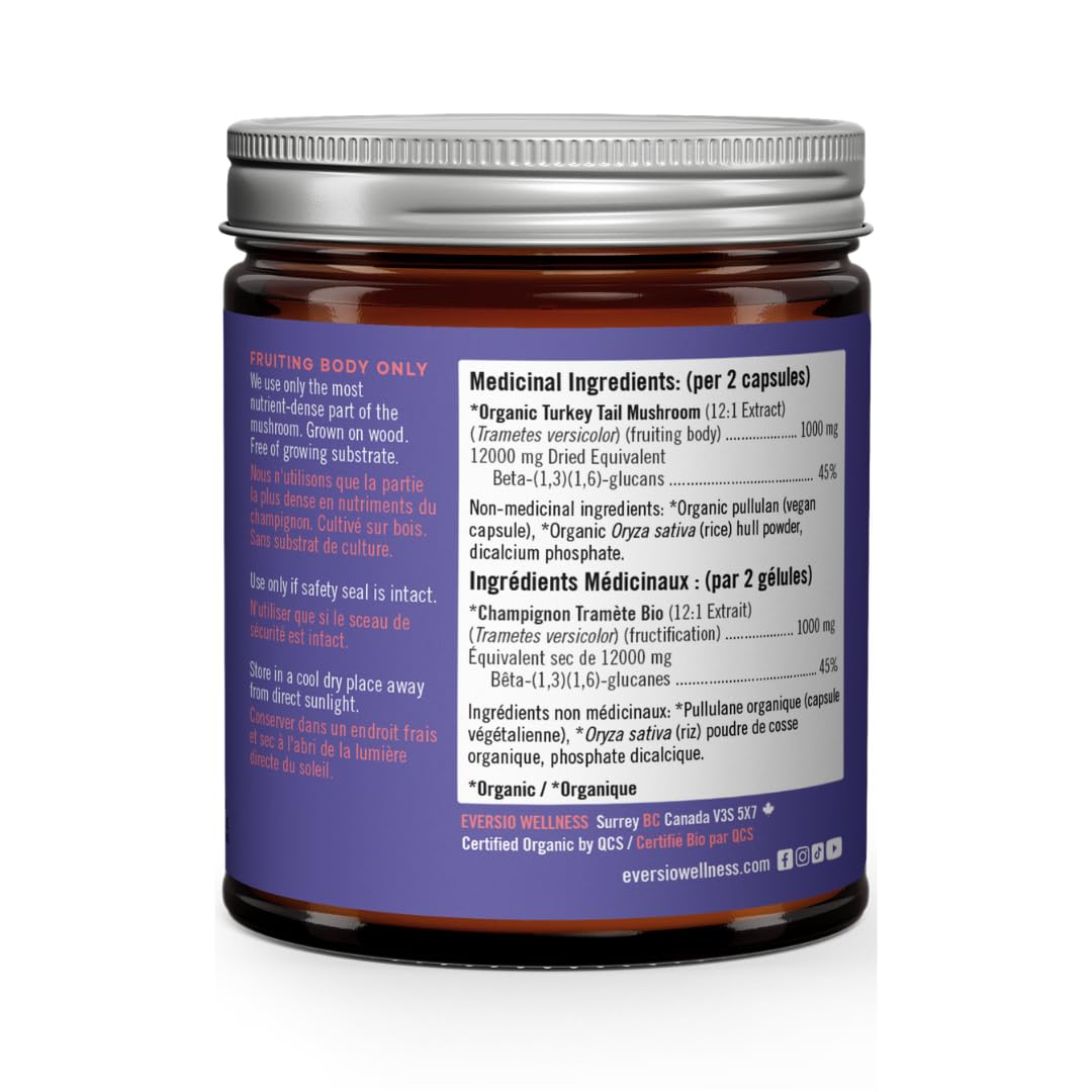 Eversio Wellness Organic Turkey Tail Capsules 12:1 Extract 45% Beta Glucans Immune Support, 60 Count