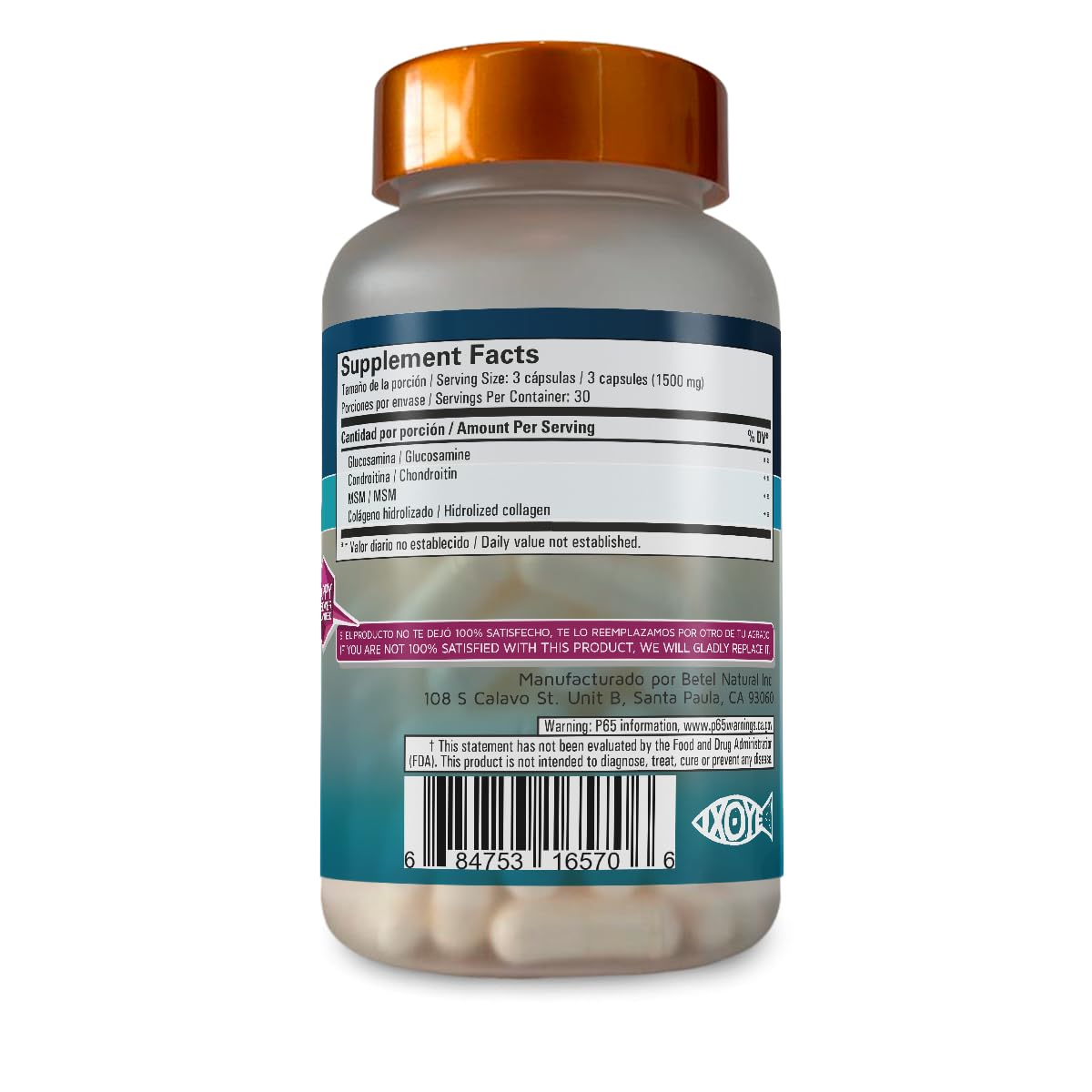 Betel Natural Premium Glucosamine Collagen Healthy Collagen and MSM Capsules, 1 Count