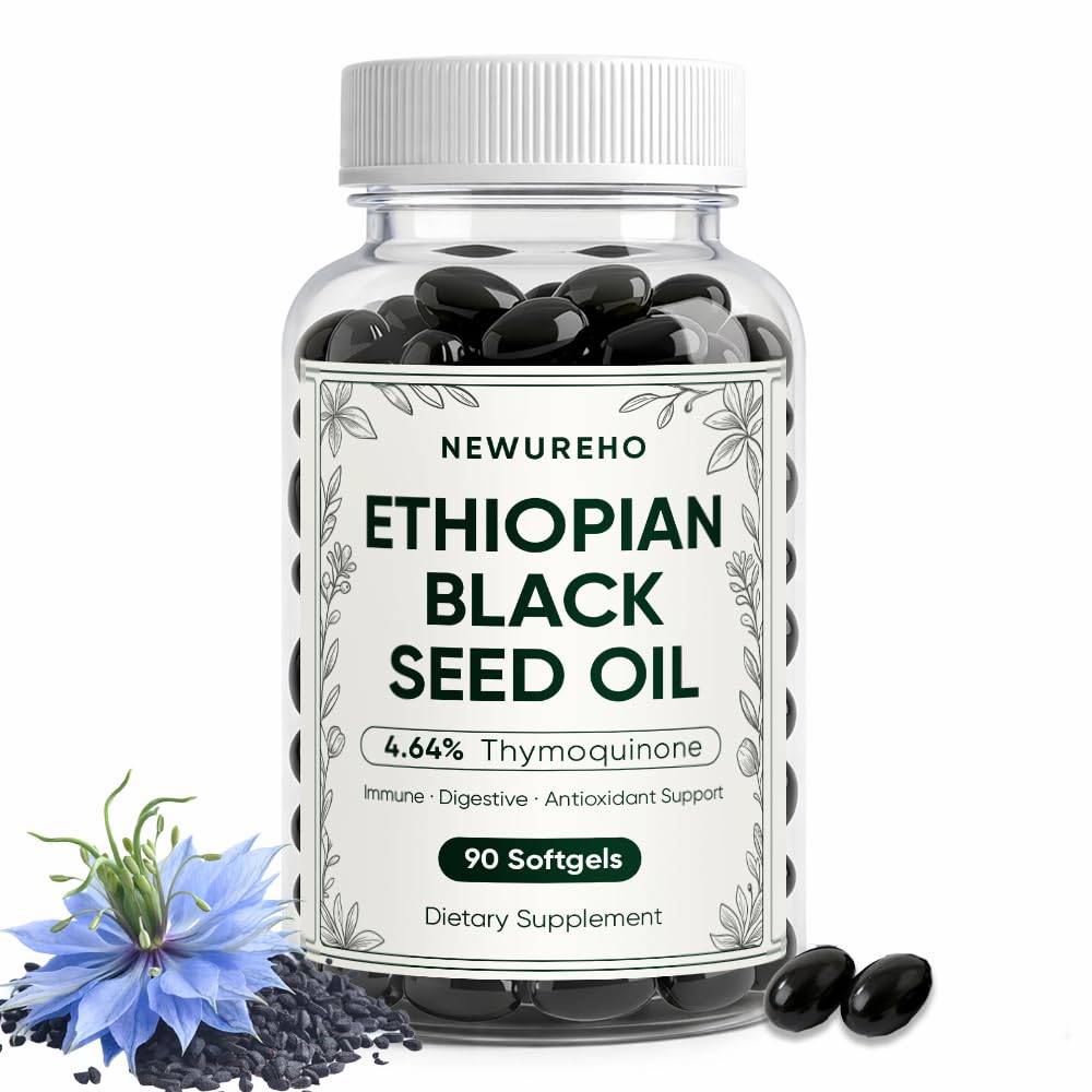 NEWUREHO Ethiopian Black Seed Oil Capsule 800mg, Organic Cold Pressed 100% Pure, Supports Immune & Digestive Health, Easy-to-Swallow, 90 Count