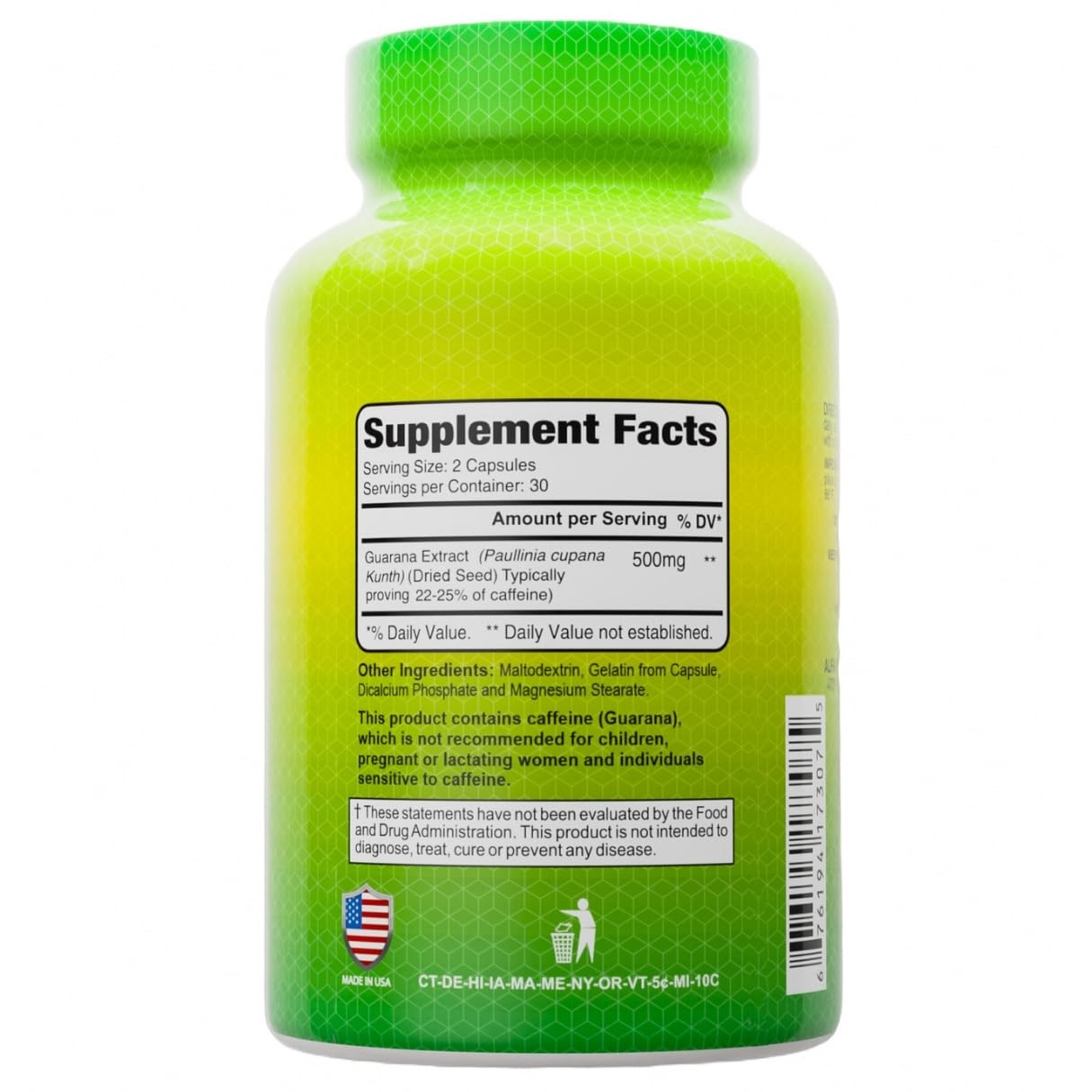 ALFA VITAMINS Guarana 500 MG Natural Herbal Caffeine Energizer Supplement Capsule, 60 Count