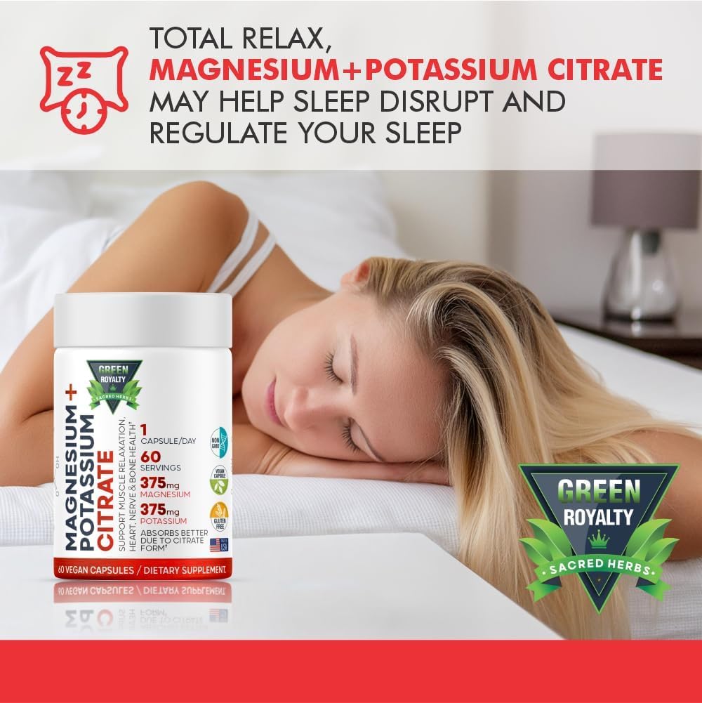 GREEN ROYALTY Magnesium Citrate + Potassium Premium Vegan Capsules, 60 Count