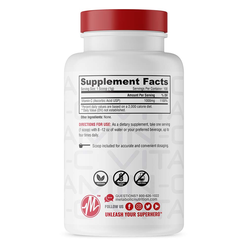 Metabolic Nutrition Vitamin C Powder 1000mg High Absorption Ascorbic Acid, 3.53 Ounce