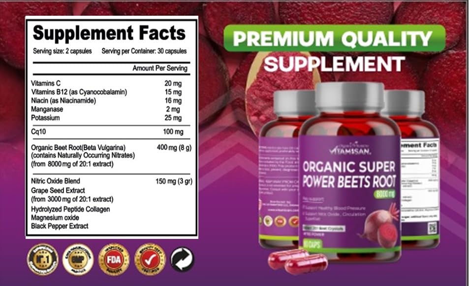 VITAMISAN Organic Beet Root 8000 Capsule, 60 Count