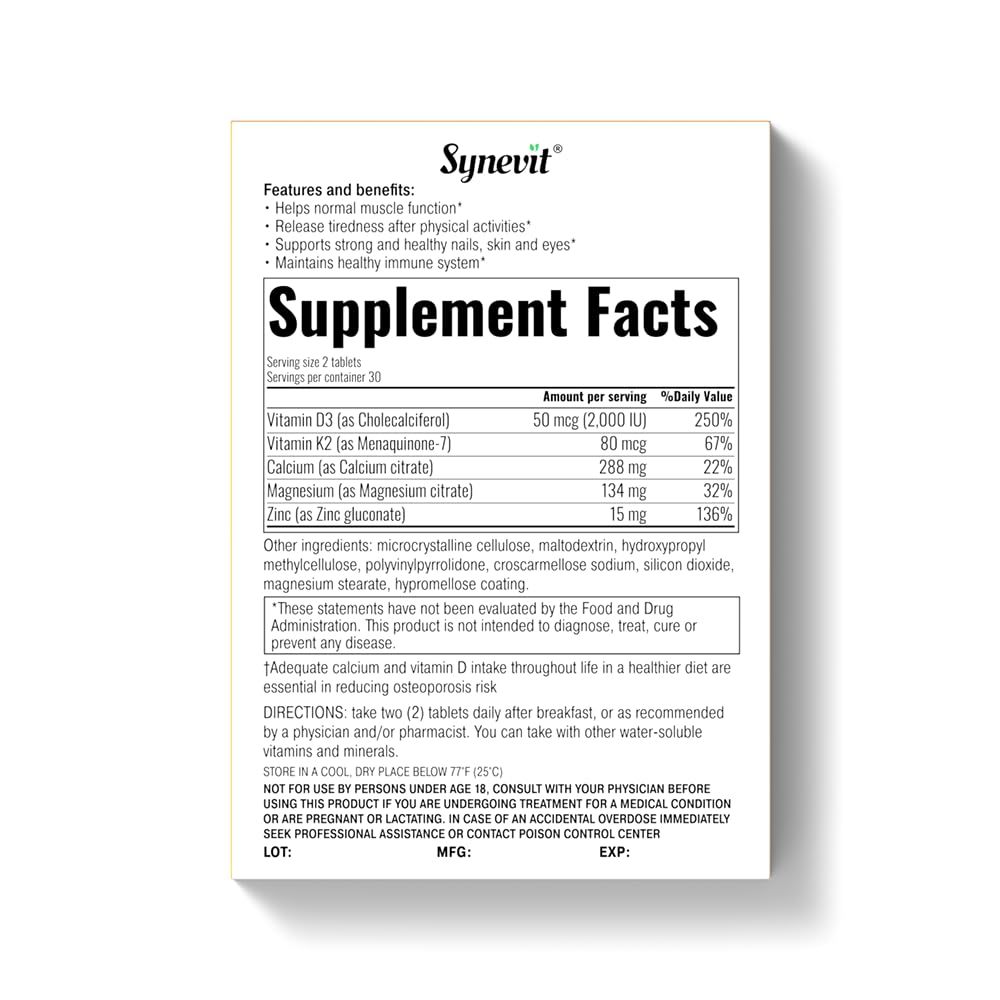 Synevit Osteofect Bone Support Complex, Organic Calcium with Vitamin D3 & K2, Magnesium & Zinc - Supports Healthy Bones & Teeth, 60 Tablets