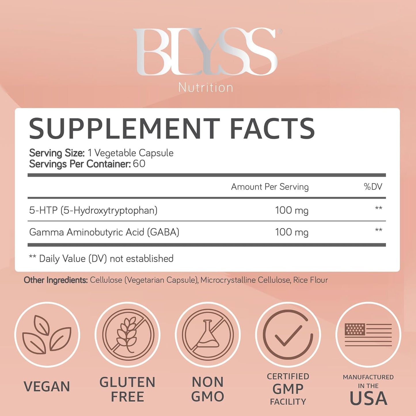 BLYSS Nutrition 5HTP Plus GABA Supplement Capsules 60 Count