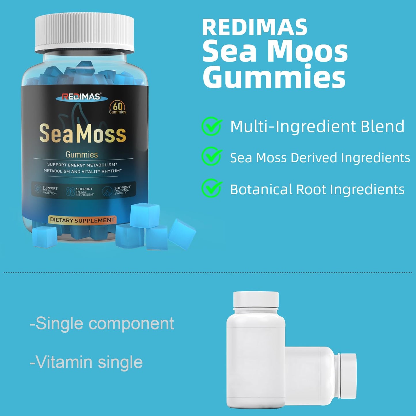 Redimas Sea Moss Gummies with Ashwagandha Root – Blueberry Flavor, Plant-Based Chewy Supplement, Daily Wellness, 60 Count