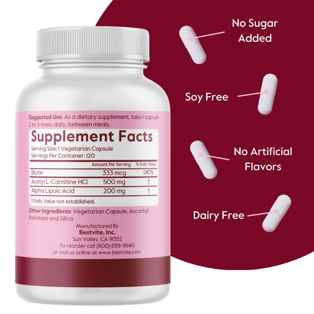 BESTVITE Acetyl L-Carnitine 500mg & Alpha Lipoic Acid 200mg per Capsule with Biotin, 120 Capsules